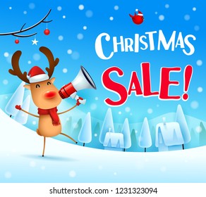 Christmas Sale! The red-nosed reindeer with megaphone in Christmas snow scene winter landscape.