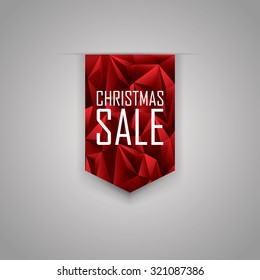 Christmas sale ribbon element. Red polygonal background. Xmas sales promotional advertising tag. Eps10 vector illustration.