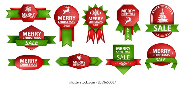 Christmas sale ribbon set, vector holiday red x-mas shopping label design, New Year winter offer sticker. Online greeting vintage badge kit, geometric promo emblem design elements. Christmas sale card