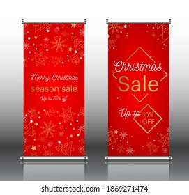 Christmas sale Roll up banner template design for new year seasonal discounts and promotions. Golden luxury type vector illustration.