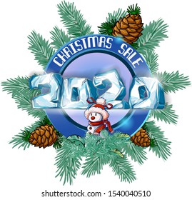 Christmas sale, round banner with Christmas treee branches and snowman and text 2020.