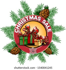 Christmas sale, round banner with Christmas treee branches and gift boxes.