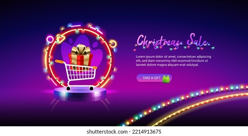 Christmas Sale with Round Colorful Neon Banner on Blurred Background with Gift in Shopping Cart. Vector clip art for your discount project.