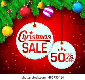 Christmas Sale Round Tag in Glittery Red Background with Christmas Objects Vector Illustration
