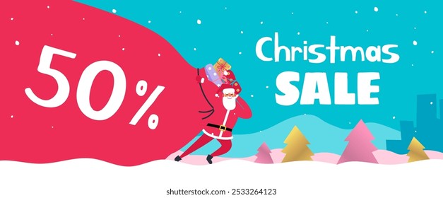 christmas sale santa claus  carrying large gift bag vector illustration