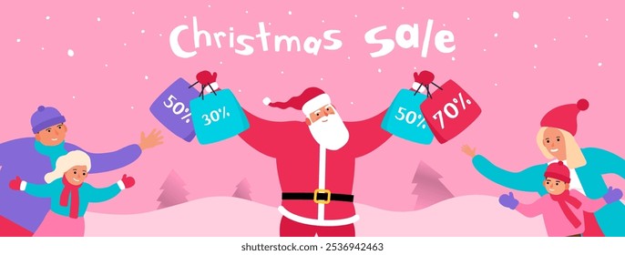 christmas sale santa claus and happy family holding shopping bags vector illustration