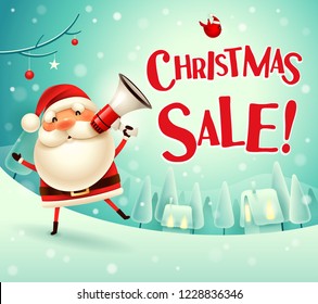 Christmas Sale! Santa Claus with megaphone in Christmas snow scene winter landscape. 