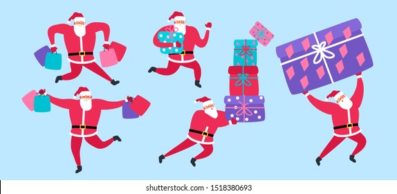 christmas sale santa claus with shopping bags and gift boxes set