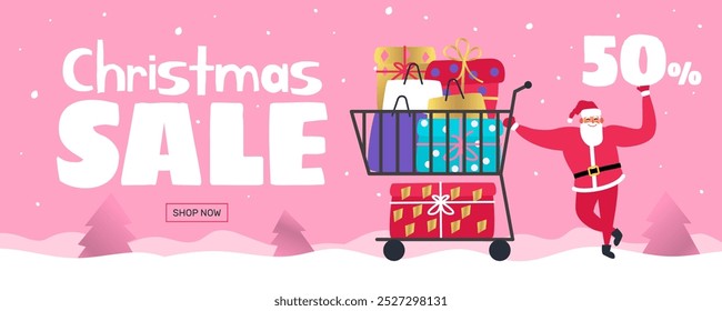 christmas sale santa claus with shopping cart banner design  vector illustration