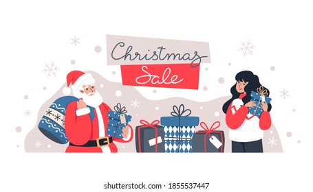 Christmas sale, Santa Claus and woman holding gifts, online shopping