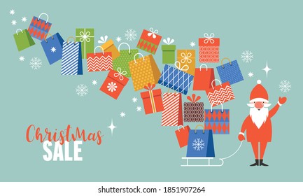 Christmas Sale . Santa with gifts. Banner Design Template. Christmas shopping . Flyer, poster. Vector illustration. 