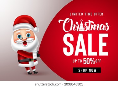 Christmas sale santa vector banner design. Christmas sale text with up to 50% off limited time offer promo discount and santa claus character for xmas shopping promotion. Vector illustration.
