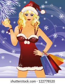 Christmas sale. santa woman with shopping bags. vector illustration