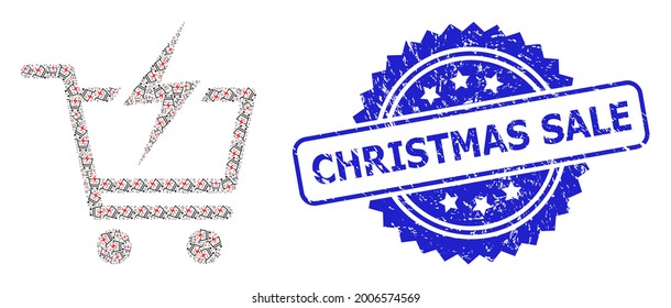 Christmas Sale scratched stamp and vector recursive mosaic instant shopping. Blue stamp seal contains Christmas Sale title inside rosette.
