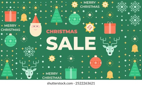 Christmas sale seamless pattern featuring various shapes and symbols. Vector illustration.