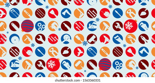 Christmas sale seamless pattern. Round multi-colored icons with tool silhouettes on a blue background. Vector illustration.