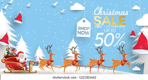 Christmas Sale Season Design Template. Paper art and digital craft style. vector illustration Greeting card, poster, banner, promo, discount offer