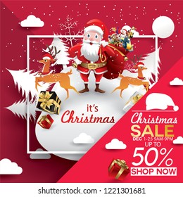 Christmas Sale Season Design Template. Paper art and digital craft style. vector illustration Greeting card, poster, banner, promo, discount offer