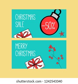 Christmas Sale Season Design Template. Christmas banner. Background Xmas design. Horizontal christmas poster, greeting cards, headers, website. 