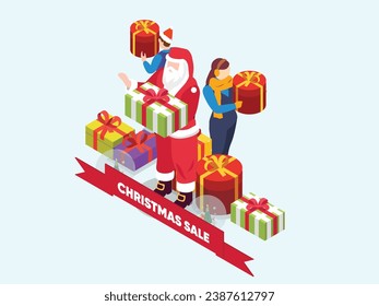 Christmas Sale Season - Santa Claus and gift boxes isometric 3d vector illustration concept for banner, website, landing page, flyer, greeting card, etc