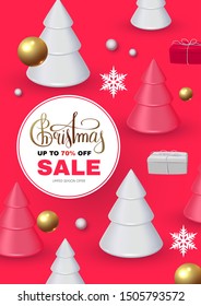 Christmas Sale! Seasonal special offer with 3D fir trees, gifts, lettering and glossy balls.