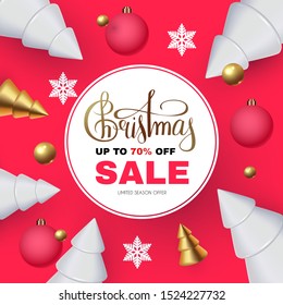 Christmas Sale! Seasonal special offer with 3D fir trees, gifts, lettering and glossy balls.