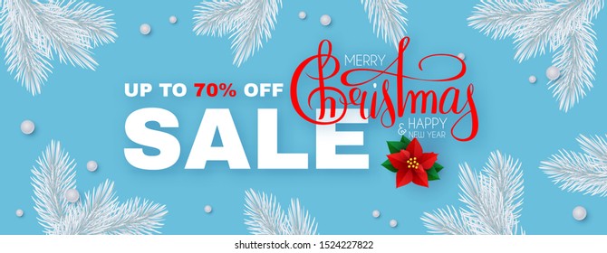 Christmas Sale! Seasonal special offer with fir tree branches, lettering and poinsetta.
