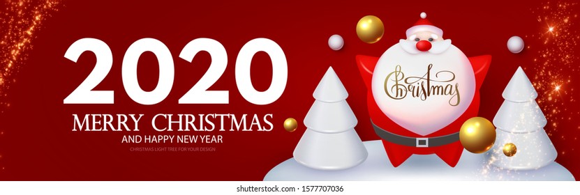 Christmas Sale Seasonal special offer with 3D fir trees, gifts and glossy balls.