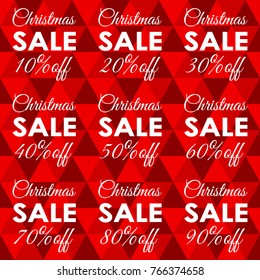 Christmas sale set. 10,20,30,40,50,60,70,80,90 percent price off. Xmas discount tag, icon, badge or sticker design elements collection. Vector illustration.