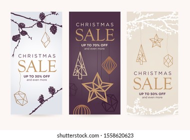 Christmas Sale. Set Of Banners Or Greeting Cards. Christmas Tree Branches With Cones And Golden Toys In A Modern Minimalistic Style. Vertical Format. Vector