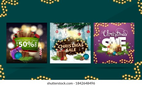 Christmas sale, set of Christmas discount square banners with Christmas presents, garlands and Christmas treee branches.