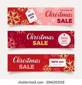 Venta de Navidad. Conjunto de banners vectoriales con descuentos promocionales. Fondo rojo festivo con copos de nieve dorados.