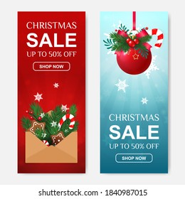 Christmas sale set of vertical discount banners  with gift letter and red ball.