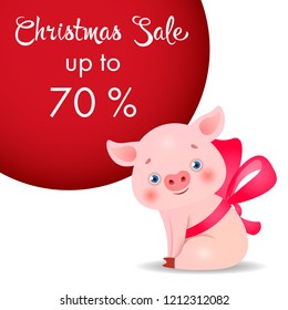 Christmas sale up to seventy percent coupon design. Creative lettering with cartoon cute piglet in neckband. Can be used for advertising, discount coupons, sales, shopping