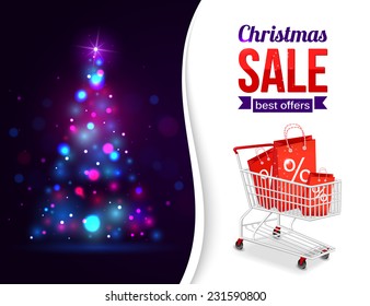 Christmas sale shining typographical background with xmas tree lights and place for text. Vector illustration.