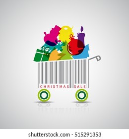 Christmas Sale With Shopping Cart Barcode And Gifts On It. Sale Concept. Vector Illustration