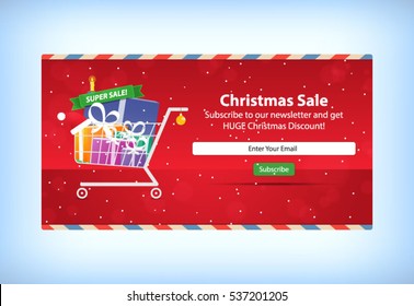 Christmas Sale Shopping Cart with Presents E-mail Newsletter Subscription Mock up Template Layout Vector Illustration