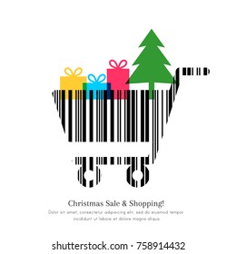 Christmas Sale And Shopping Concept. Abstract Shopping Cart Made Of Barcode With Gifts And Tree.