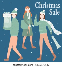 Christmas Sale and shopping concept, friends preparing for winter holidays, happy young woman and man with packages and presents, people hurrying