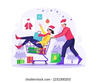 Christmas Sale and Shopping concept with Happy a man pushing a trolley with a woman sitting in the shopping cart with gifts and things. Vector illustration in flat style