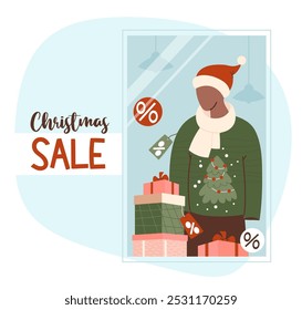 Christmas sale. Showcase store New Year Mannequin in Santa hat, Xmas ugly sweater with tree, tags and festive gift boxes. Holiday, shopping. Vector illustration banner in flat style