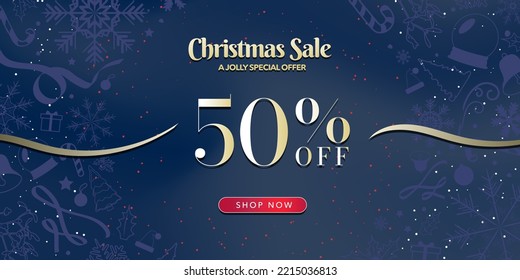 Christmas Sale Sign Banner with 50% off and shop now CTA button on dark blue gradient background and blue Christmas elements, snowflakes, ribbon, ornaments, xmas tree, gifts. Vector Illustration.