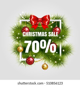 Christmas sale sign vector label 70 % sale with red ribbon and green fir tree branches with gold christmas ball. Holiday white square frame. Winter sale. Vector illustration. EPS 10