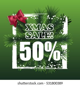 Christmas sale sign vector label 50 % sale with red ribbon and green fir tree branches with gold christmas ball. Holiday white square frame. Winter sale. Vector illustration. EPS 10