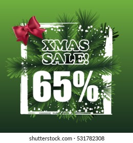 Christmas sale sign vector labels65% of sales with a red bow and green tree branches Christmas wreath with the inscription. Holiday white square frame. Winter sale. Vector illustration. EPS 10