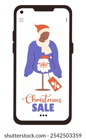 Christmas Sale in smartphone. Online Shopping. New Year Mannequin in Santa hat and Xmas ugly sweater with portrait Claus with price tag on screen in phone. Vector illustration. Holiday virtual store