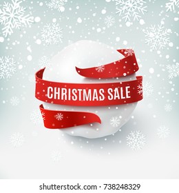 Christmas sale, snow ball with red bow and ribbon around, on winter background. Greeting card, brochure or poster template. Vector illustration.