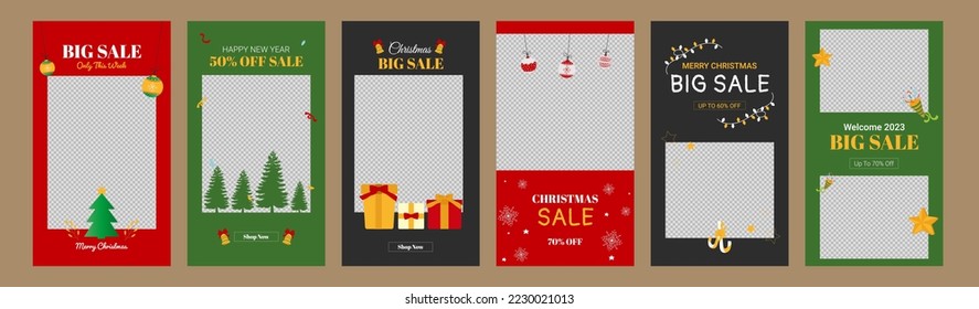 Christmas sale, social media stories collection. New year sale banner, vertical. Vector template design.