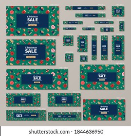 Christmas sale social media templates kit. Multipurpose holidays theme web banner pack. Seamless festive pattern background. 