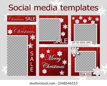 christmas sale social media templates design, set of backgrounds for banner, flyer, card on the gradient backdrop with snowflakes. bright vector illustration for poster, frame en white and red tones